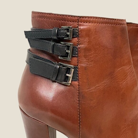 Sesto Meucci Brown Leather Ankle Boots Zip Closure Block Heel Buckle Accents Siz - Picture 2 of 11
